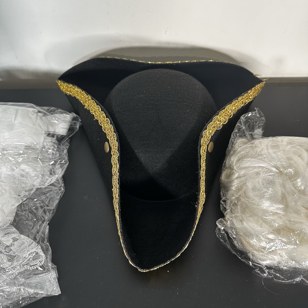 New Zhanmai Founding Fathers Colonial Costume Tricorn Hat White Wig Lace Cuffs - Picture 3 of 12